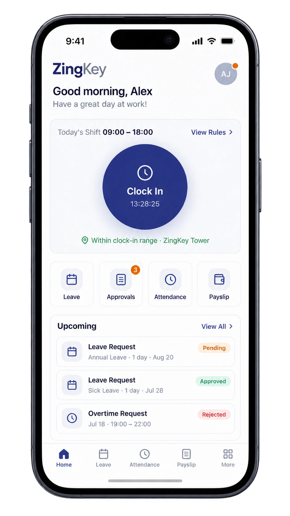 ZingKey mobile app home screen with attendance, leave, approvals and payslip shortcuts